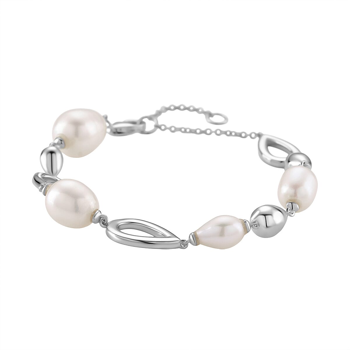 LUCY Q Pearl Drop Collection - Fresh Water Pearl Bracelet (Size - 8) with Lobster Clasp in Rhodium Overlay Sterling Silver 23.14 Ct, Silver Wt. 9.20 Gms.