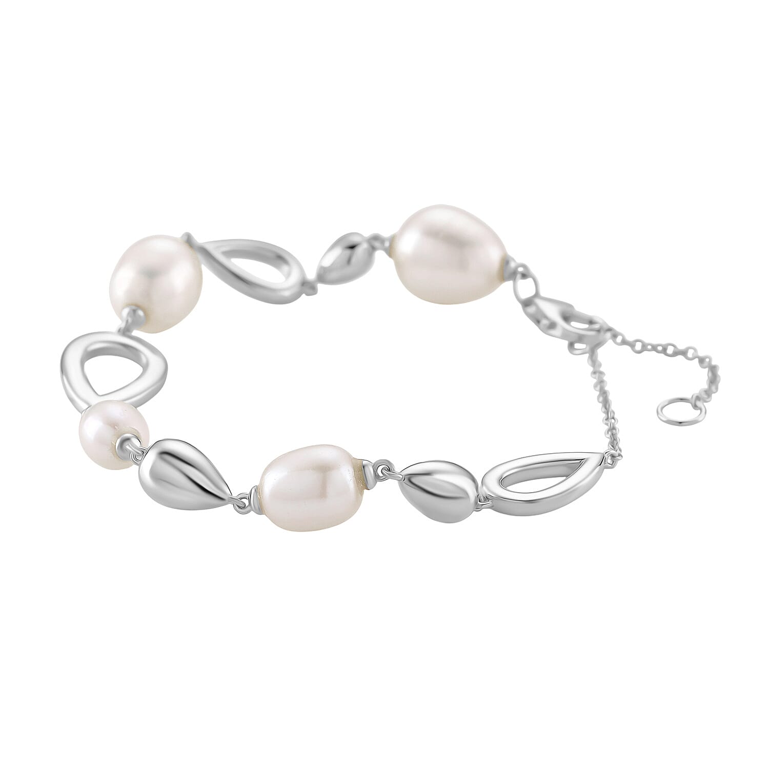 LUCY Q Pearl Drop Collection - Fresh Water Pearl Bracelet (Size - 8) with Lobster Clasp in Rhodium Overlay Sterling Silver 23.14 Ct, Silver Wt. 9.20 Gms.