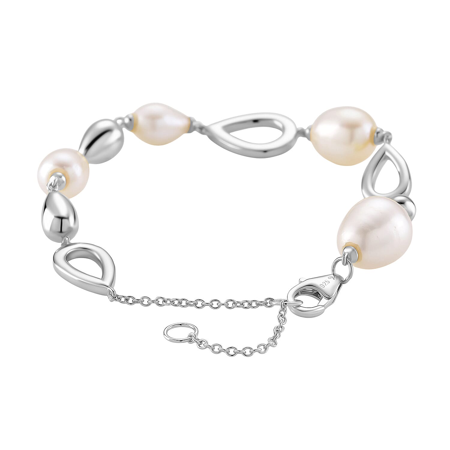 LUCY Q Pearl Drop Collection - Fresh Water Pearl Bracelet (Size - 8) with Lobster Clasp in Rhodium Overlay Sterling Silver 23.14 Ct, Silver Wt. 9.20 Gms.