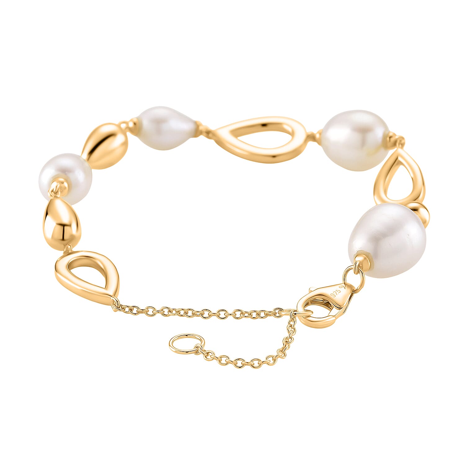 LUCY Q Pearl Drop Collection - Fresh Water Pearl Bracelet (Size - 8) Sterling Silver with Lobster Clasp in 18K Vermeil Yellow Gold Plated 23.14 Ct, Silver Wt. 9.20 Gms.