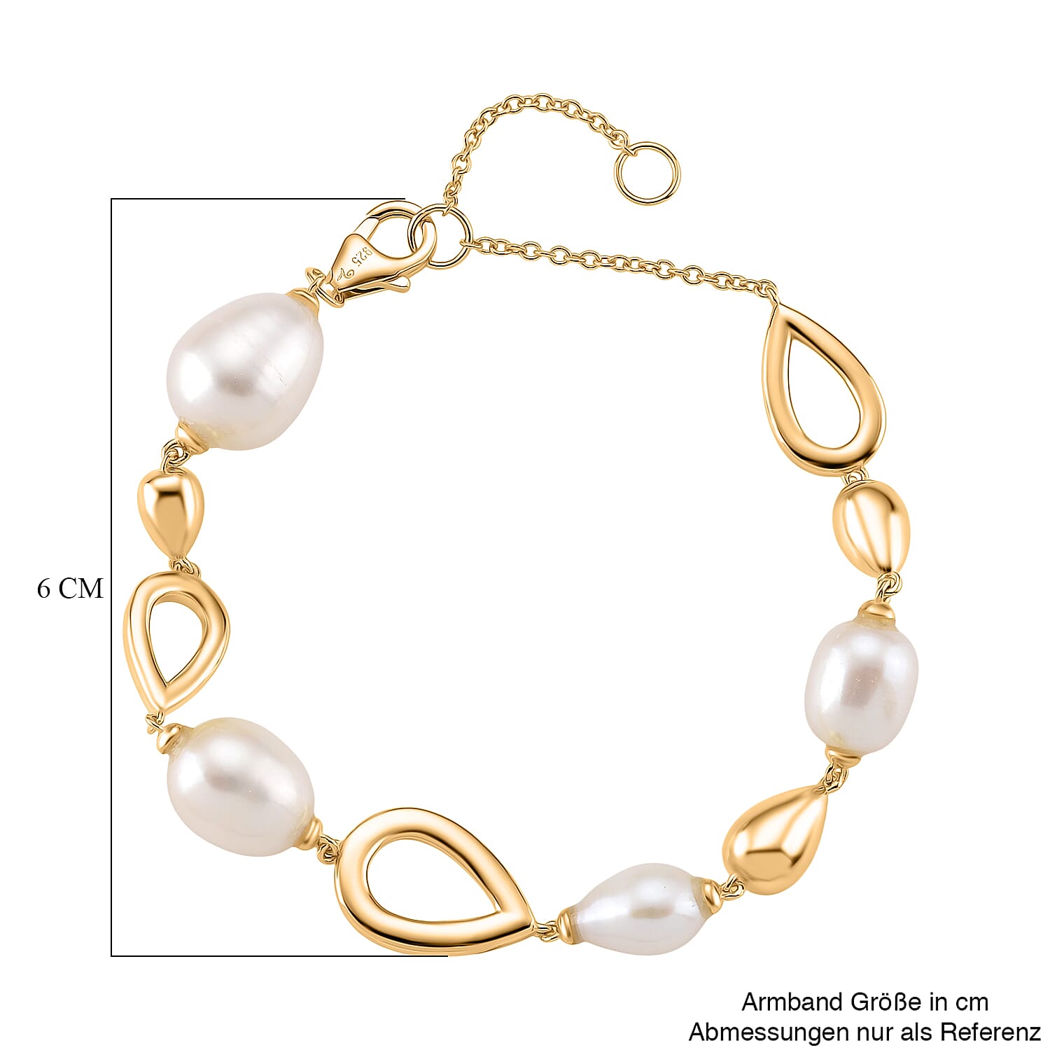 LUCY Q Pearl Drop Collection - Fresh Water Pearl Bracelet (Size - 8) Sterling Silver with Lobster Clasp in 18K Vermeil Yellow Gold Plated 23.14 Ct, Silver Wt. 9.20 Gms.