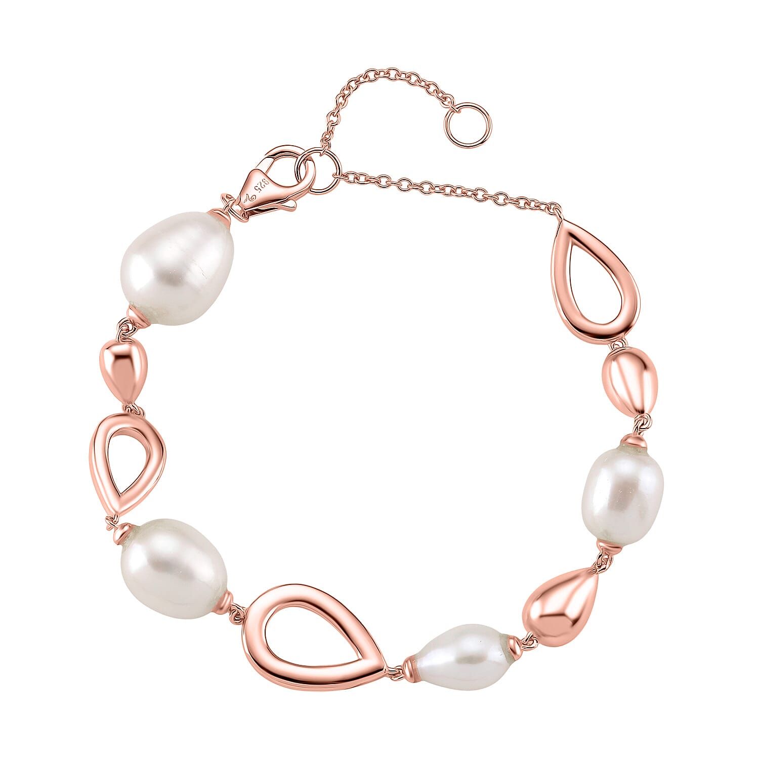 LUCY Q Pearl Drop Collection - Fresh Water Pearl Bracelet (Size - 8) Sterling Silver with Lobster Clasp in 18K Vermeil Rose Gold Plated 23.14 Ct, Silver Wt. 9.20 Gms.