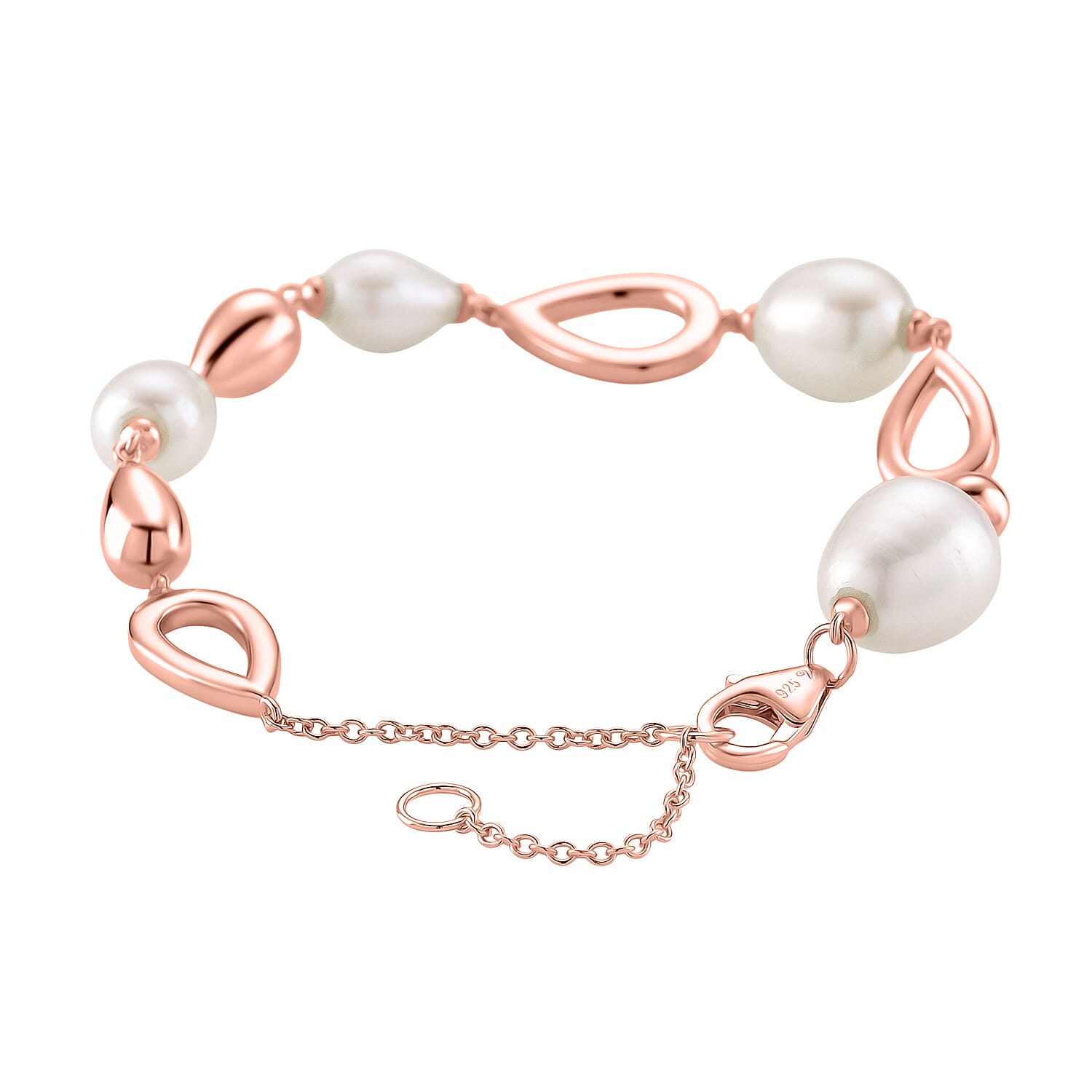 LUCY Q Pearl Drop Collection - Fresh Water Pearl Bracelet (Size - 8) Sterling Silver with Lobster Clasp in 18K Vermeil Rose Gold Plated 23.14 Ct, Silver Wt. 9.20 Gms.
