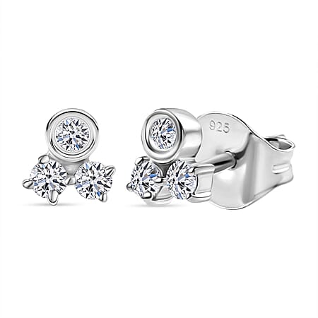 LUXURIANT Lab Grown Diamond 3-Stone Stud Push Post Earring in Rhodium Overlay Sterling Silver (SI-GH) LUXURIANT Lab Grown Diamond 3-Stone Stud Push Post Earring in Rhodium Overlay Sterling Silver (SI-GH)