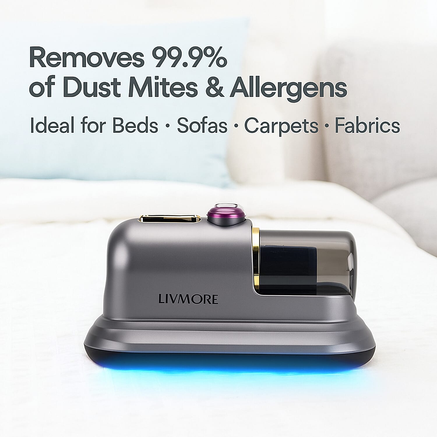 Livmore Cordless UV Bed Vacuum Cleaner - Removes Dust, Pollen, Pet Dander, Mites and Bugs for beds, sofas, carpets and fabrics