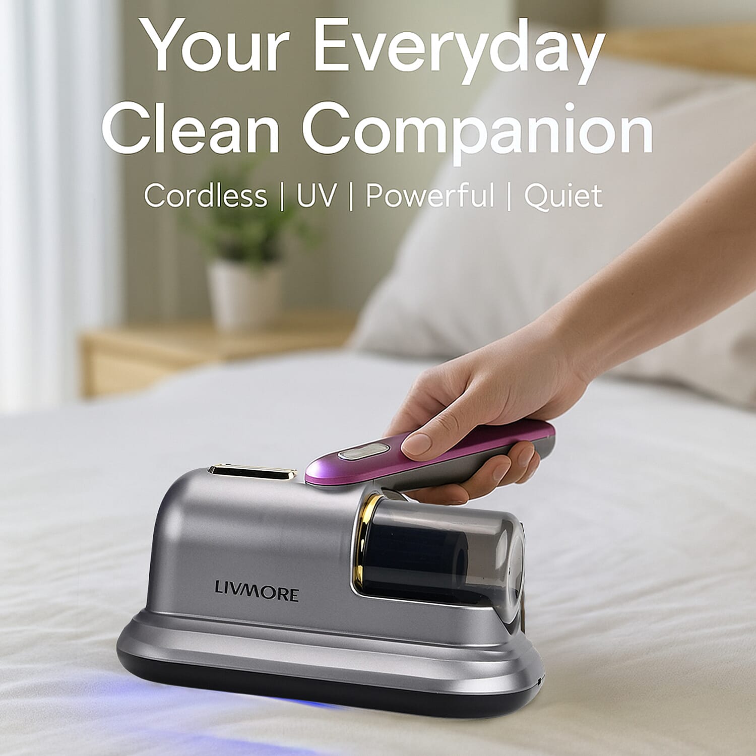 Livmore Cordless UV Bed Vacuum Cleaner - Removes Dust, Pollen, Pet Dander, Mites and Bugs for beds, sofas, carpets and fabrics