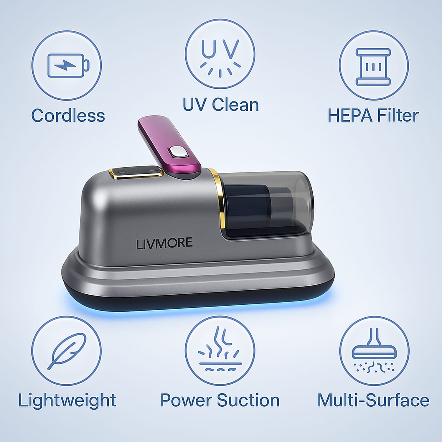 Livmore Cordless UV Bed Vacuum Cleaner - Removes Dust, Pollen, Pet Dander, Mites and Bugs for beds, sofas, carpets and fabrics