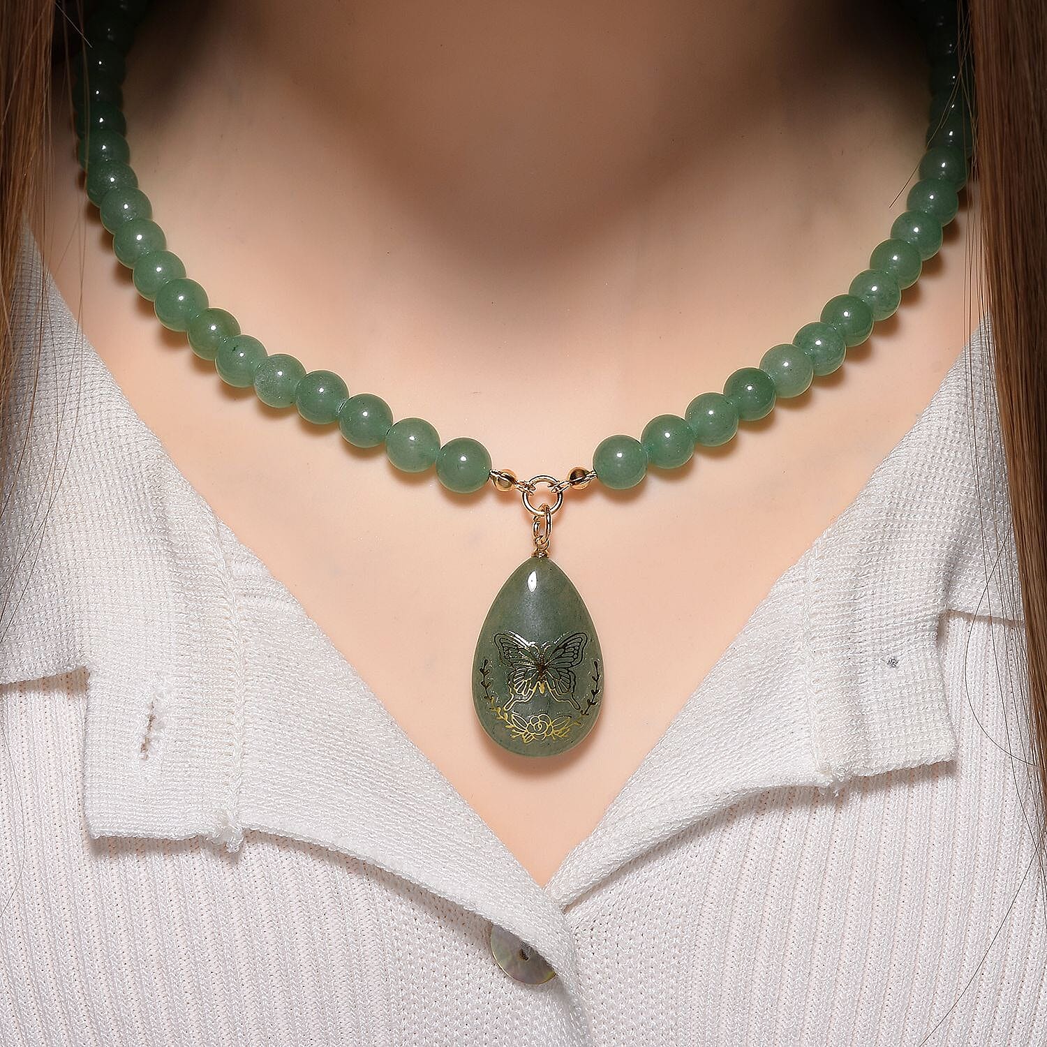 Green Aventurine Butterfly Necklace (Size 18 - 2 Ext) with Lobster Clasp 230.00 Ct.
