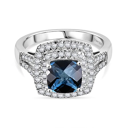 London Blue Topaz & White Zircon Ring in Rhodium Overlay Sterling Silver 2.52 Ct.