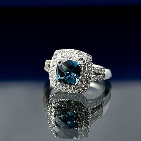 London Blue Topaz & White Zircon Ring in Rhodium Overlay Sterling Silver 2.52 Ct.