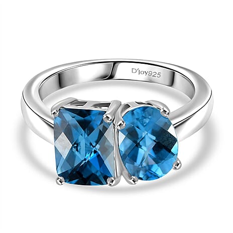 London Blue Topaz Solitaire Ring in Rhodium Overlay Sterling Silver 3.24 Ct.