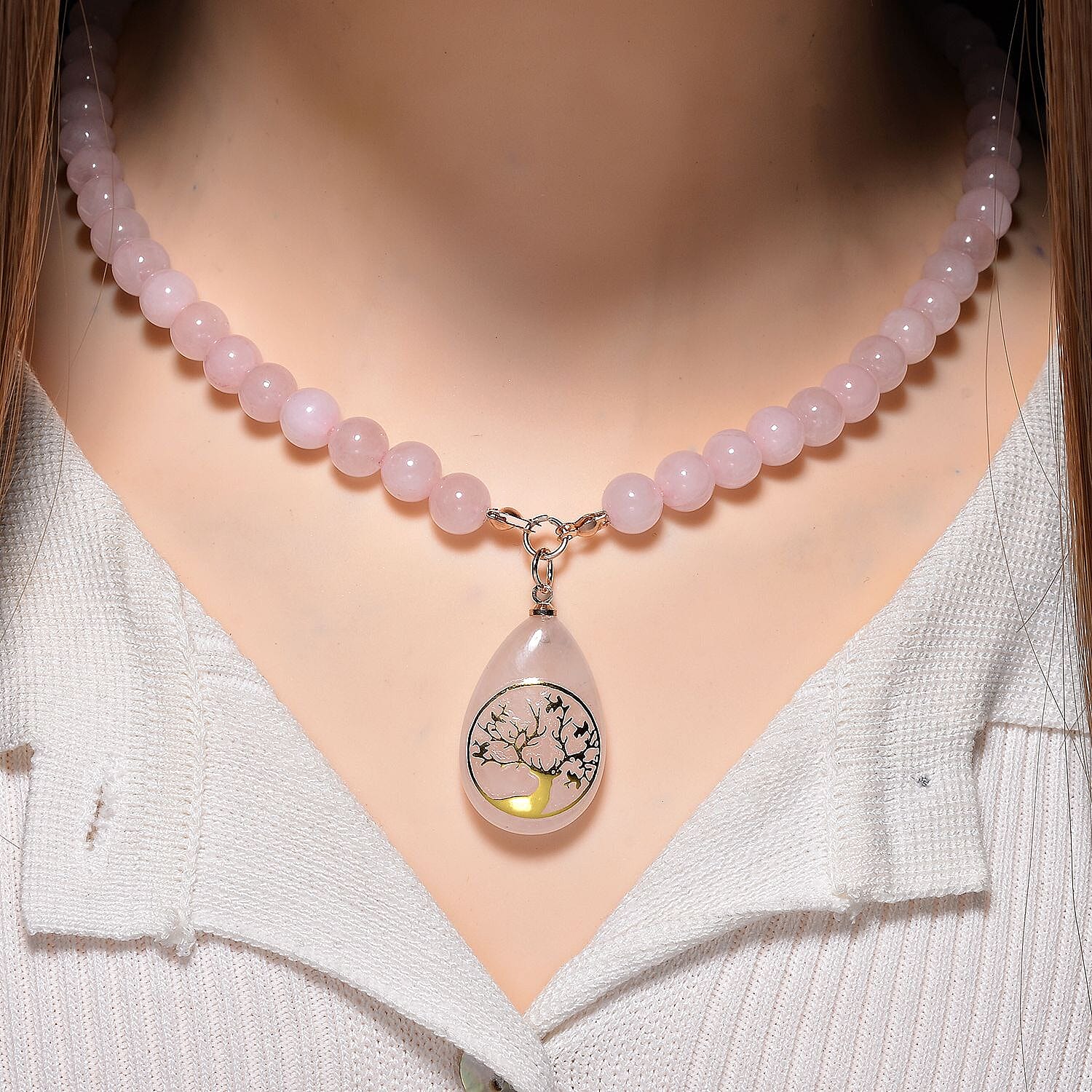 Rose Quartz Tree Of Life Necklace (Size 18 - 2 Ext) with Lobster Clasp 230.00 Ct.