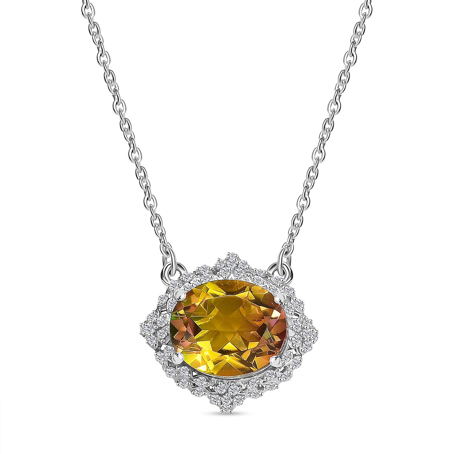 D'joy Rainbow Genesis Quartz & White Zircon Floral Embrace Necklace (Size - 20) in Rhodium Overlay Sterling Silver 5.58 Ct.