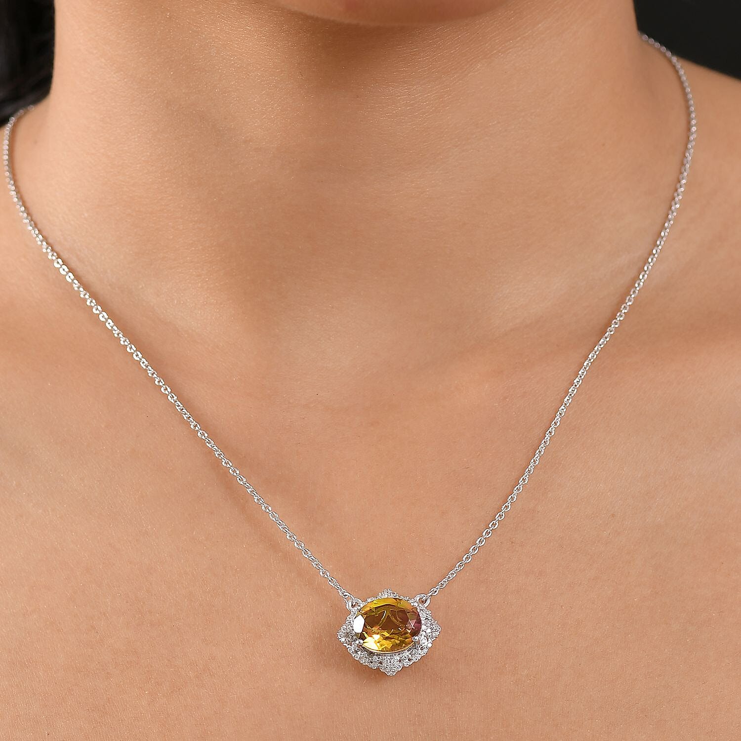 D'joy Rainbow Genesis Quartz & White Zircon Floral Embrace Necklace (Size - 20) in Rhodium Overlay Sterling Silver 5.58 Ct.