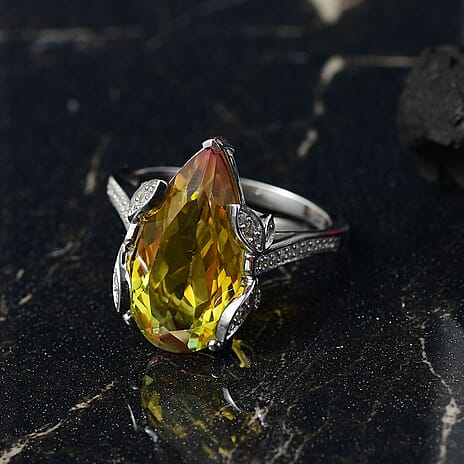 D'joy Rainbow Genesis Quartz & White Zircon Garden Flutter Ring in Rhodium Overlay Sterling Silver 8.67 Ct.