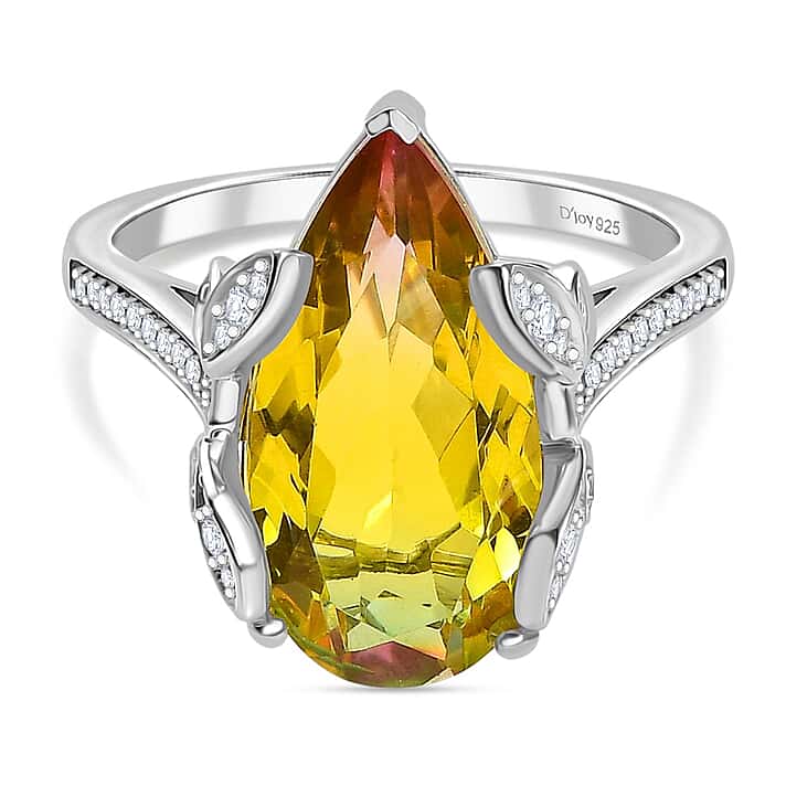 Djoy Rainbow Genesis Quartz, White Zircon Garden Flutter Ring in Rhodium Overlay Sterling Silver 8.67 Ct.