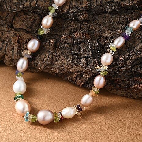 Tucson Closeout Deal-  Multi Color Fresh Water Pearl Necklace (Size 18-2 Ext) with Lobster Clasp in Rhodium Overlay Sterling Silver .