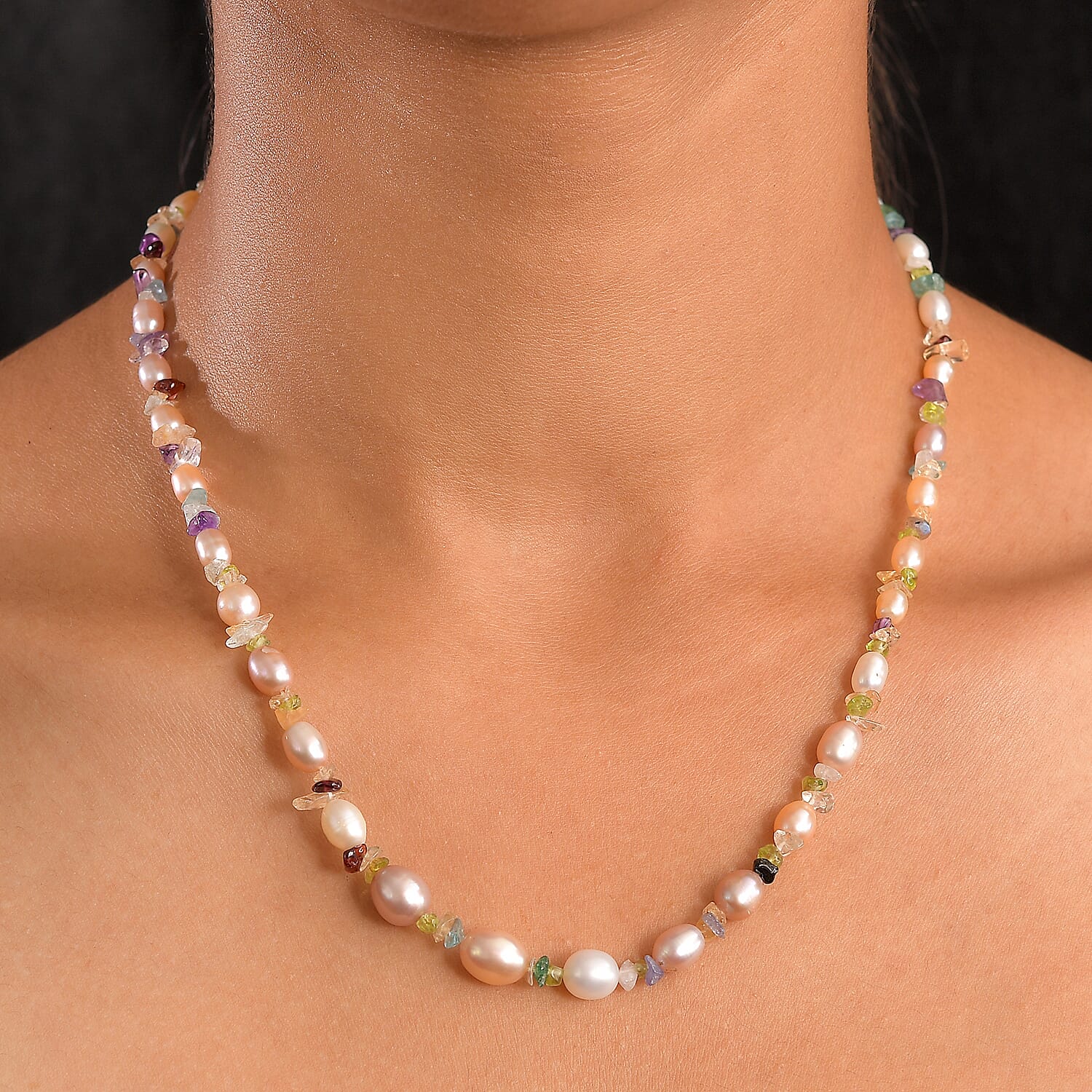 Tucson Closeout Deal - Multi Color Fresh Water Pearl Necklace (Size 18 - 2 Ext) with Lobster Clasp in Rhodium Overlay Sterling Silver 95.00 Ct.