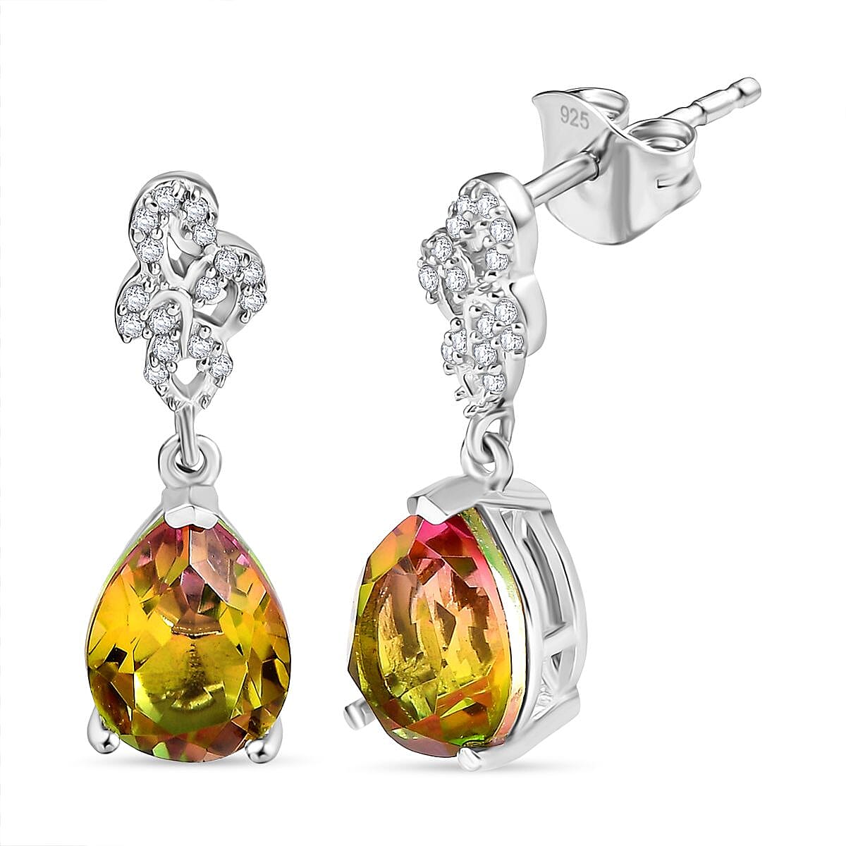 D'Joy Rainbow Genesis Quartz & White Zircon Stud Push Post Earring in Rhodium Overlay Sterling Silver 4.52 Ct.