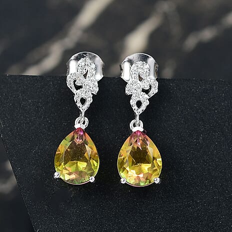 D'Joy Rainbow Genesis Quartz & White Zircon Stud Push Post Earring in Rhodium Overlay Sterling Silver 4.52 Ct.