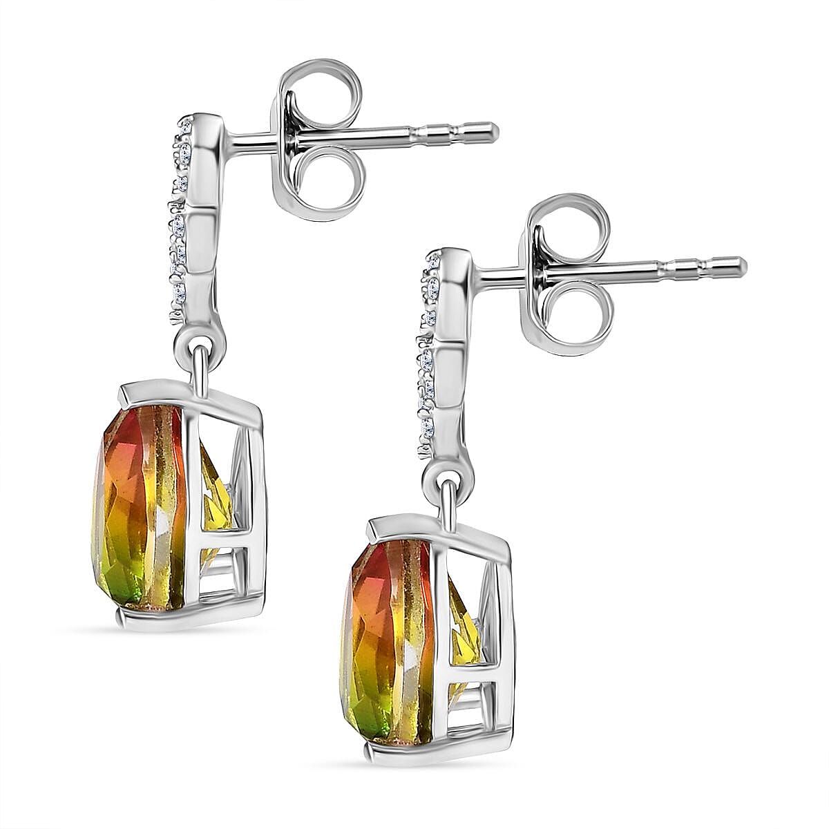 D'Joy Rainbow Genesis Quartz & White Zircon Stud Push Post Earring in Rhodium Overlay Sterling Silver 4.52 Ct.