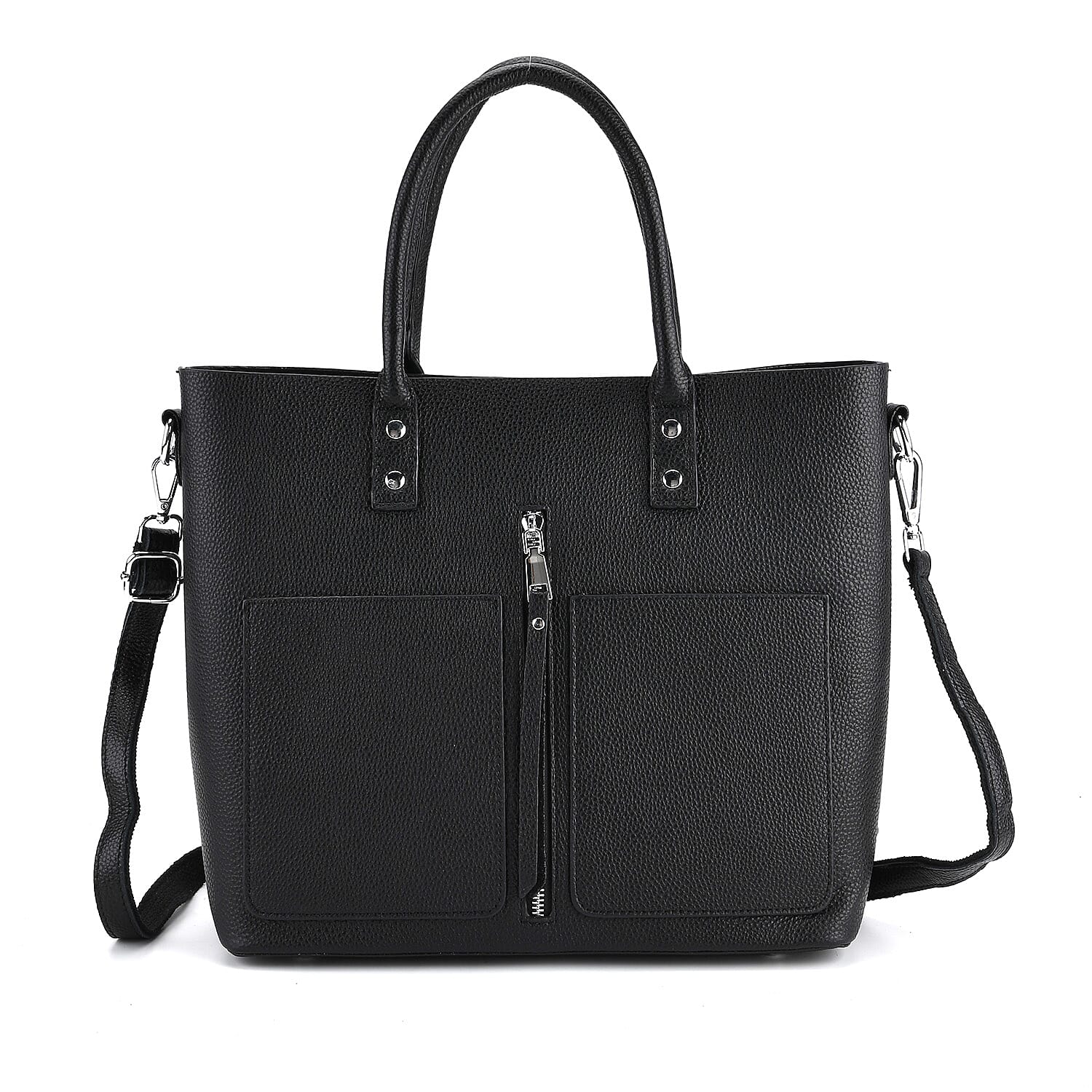 Genuine Leather Trendy Tote Bag - Black