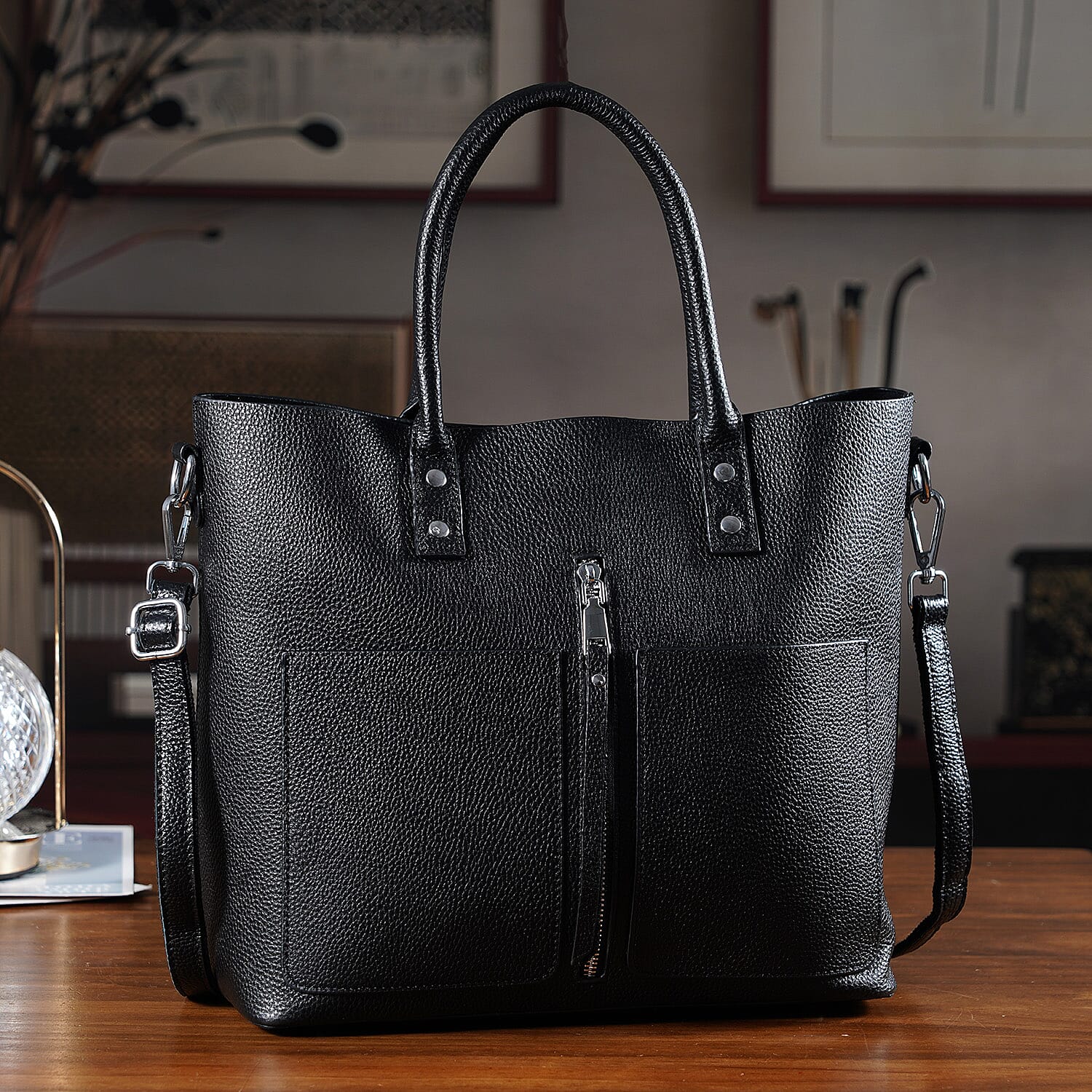 Genuine Leather Trendy Tote Bag - Black