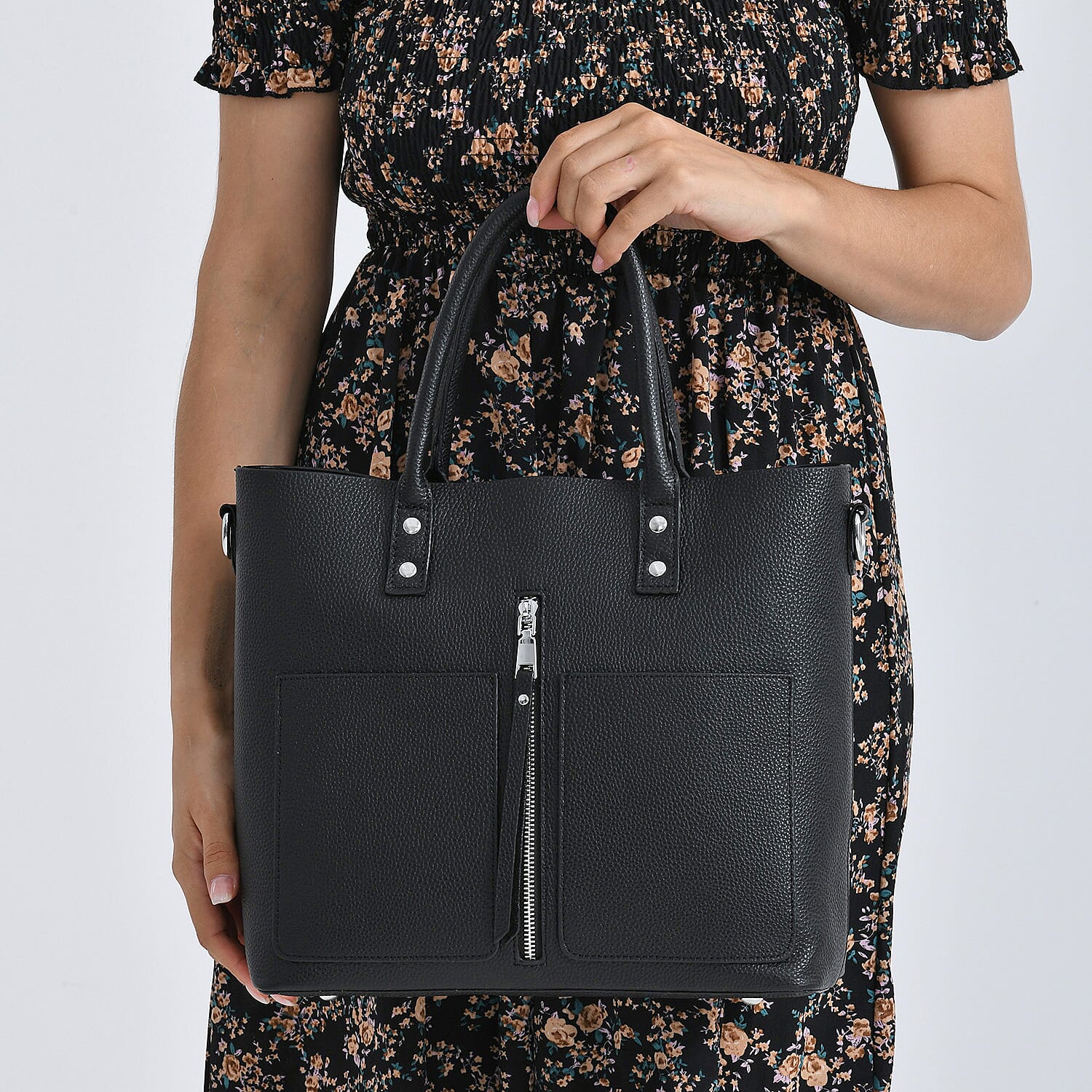Genuine Leather Trendy Tote Bag - Black