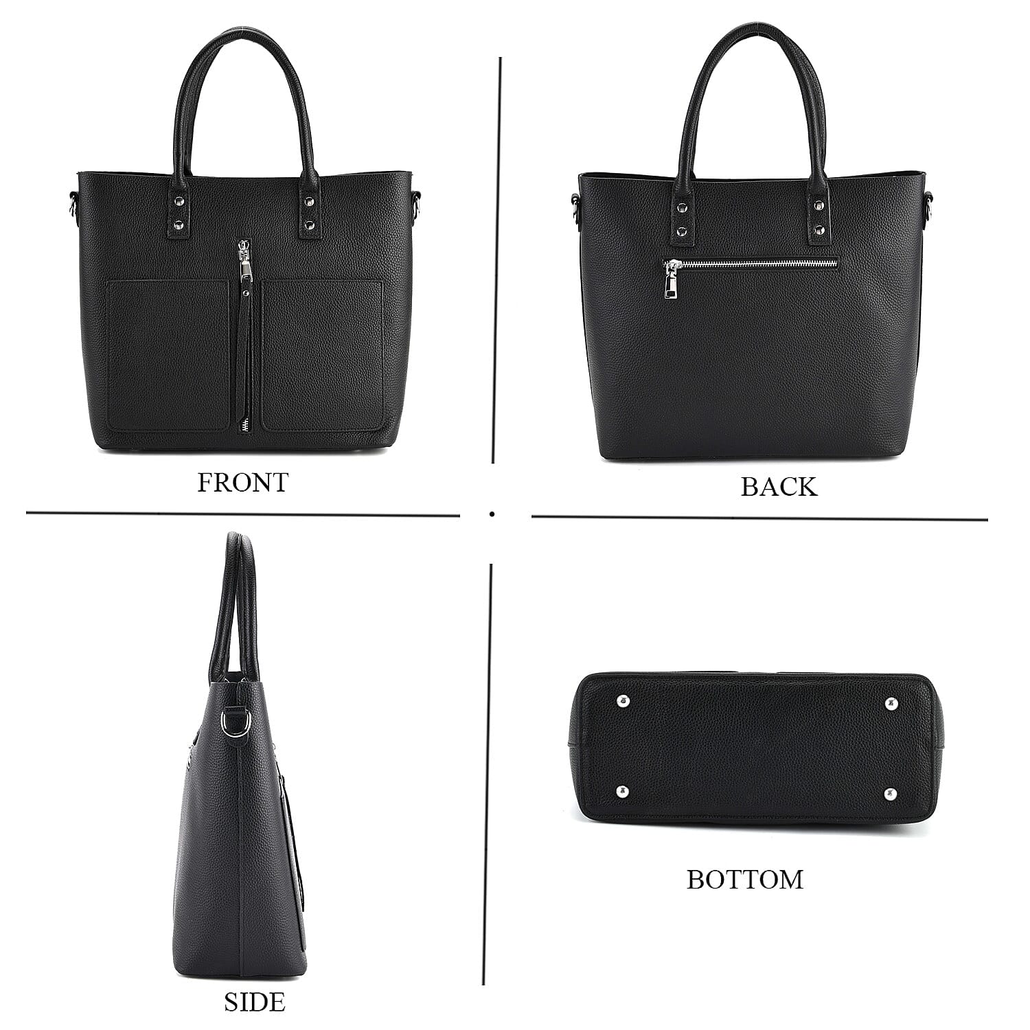 Genuine Leather Trendy Tote Bag - Black
