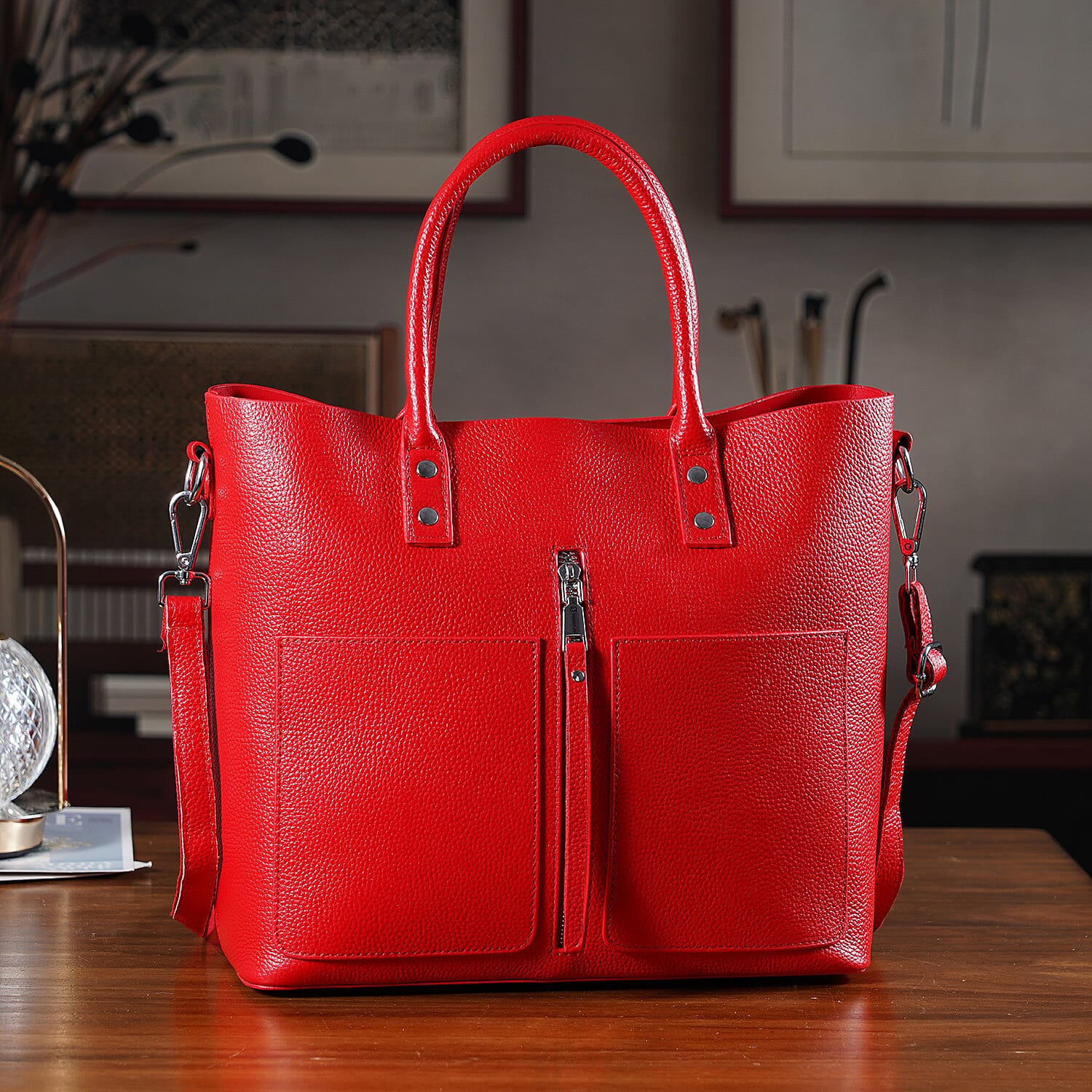Genuine Leather Trendy Tote Bag - Red