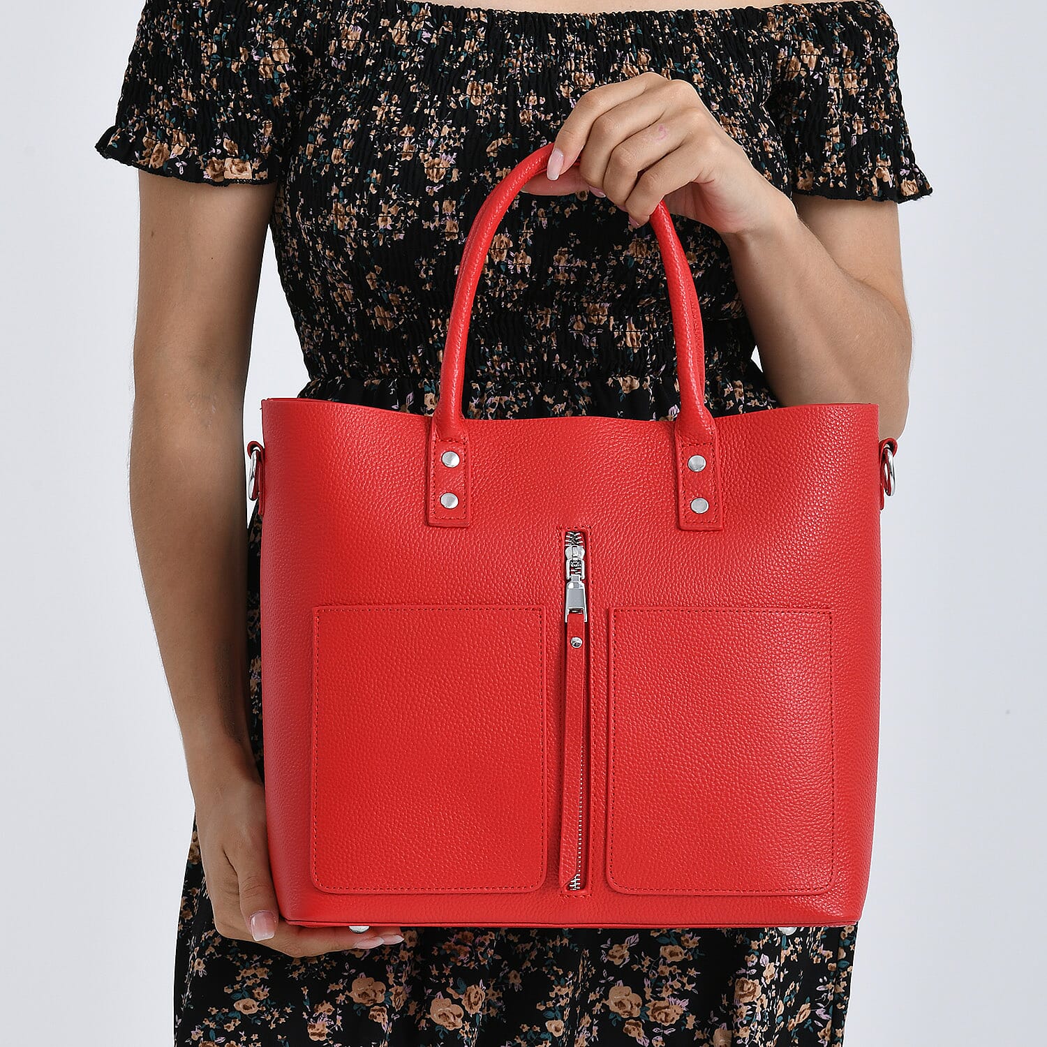 Genuine Leather Trendy Tote Bag - Red
