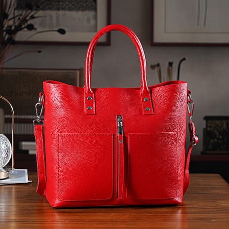 Sumptuous 100% Genuine Leather Tote Bag with CrossBody Strap - Red