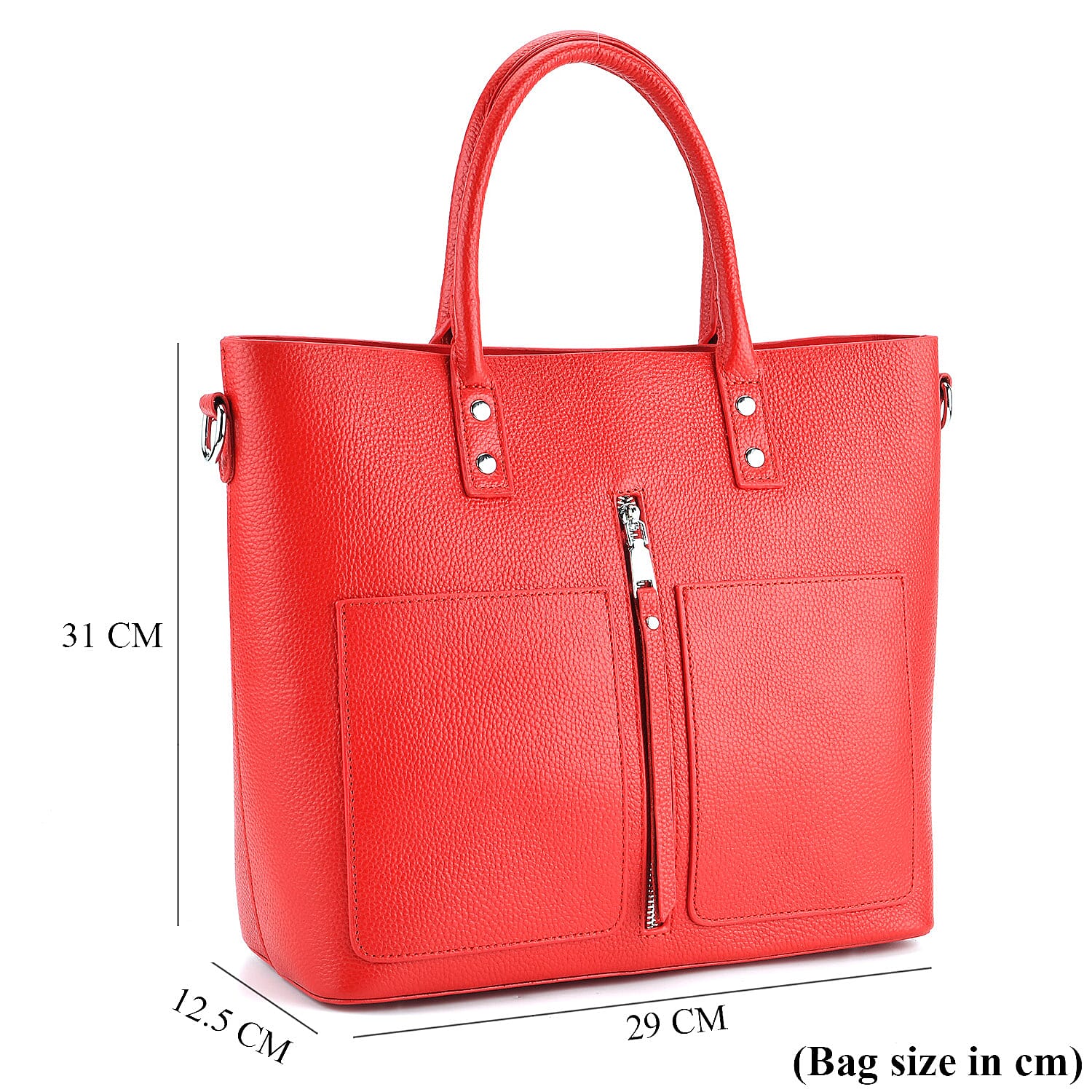 Genuine Leather Tote Bag with CrossBody Strap - Red