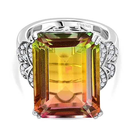 D'joy Rainbow Genesis Quartz Solitaire Blooming Wings Ring in Rhodium Overlay Sterling Silver 16.86 Ct.