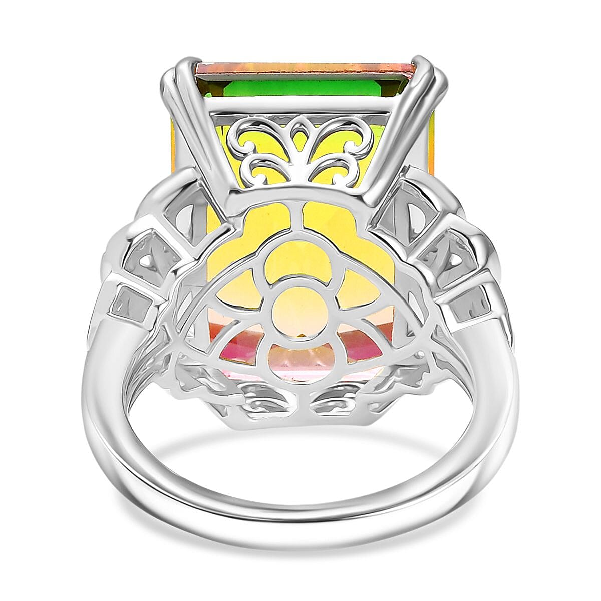 D'joy Rainbow Genesis Quartz Solitaire Blooming Wings Ring in Rhodium Overlay Sterling Silver 16.86 Ct. D'joy Rainbow Genesis Quartz Solitaire Blooming Wings Ring in Rhodium Overlay Sterling Silver 16.86 Ct.