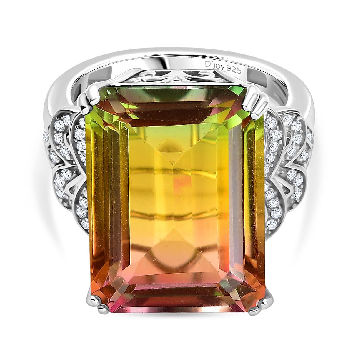 D'joy Rainbow Genesis Quartz Ring in Rhodium Overlay Sterling Silver 16.865 Ct.