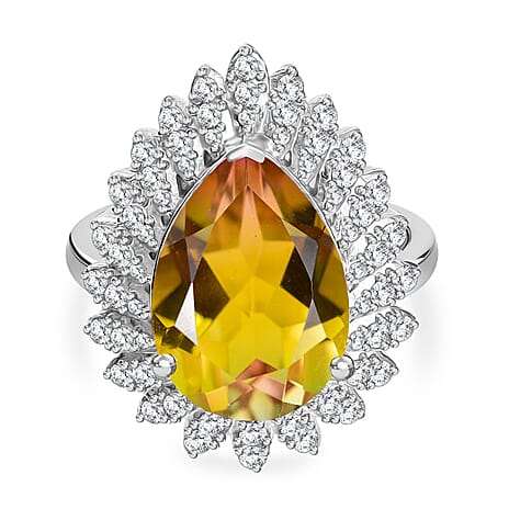 D'joy Rainbow Genesis Quartz & White Zircon Gleaming Blossom Ring in Rhodium Overlay Sterling Silver 6.47 Ct.