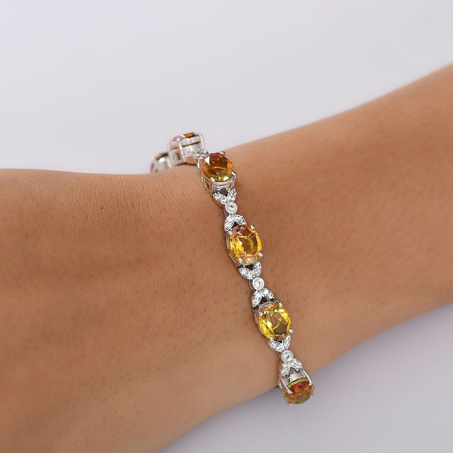 D'joy Rainbow Genesis Quartz & White Zircon Cluster Aurora Bloom Bracelet (Size - 7.5) with GB Lock Box in Rhodium Overlay Sterling Silver 24.41 Ct, Silver wt. 13.15 Gms.