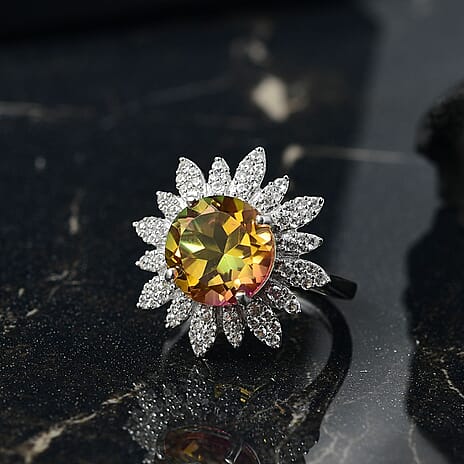 D'joy Rainbow Genesis Quartz & White Zircon Sunburst Bloom Ring in Rhodium Overlay Sterling Silver 4.88 Ct.