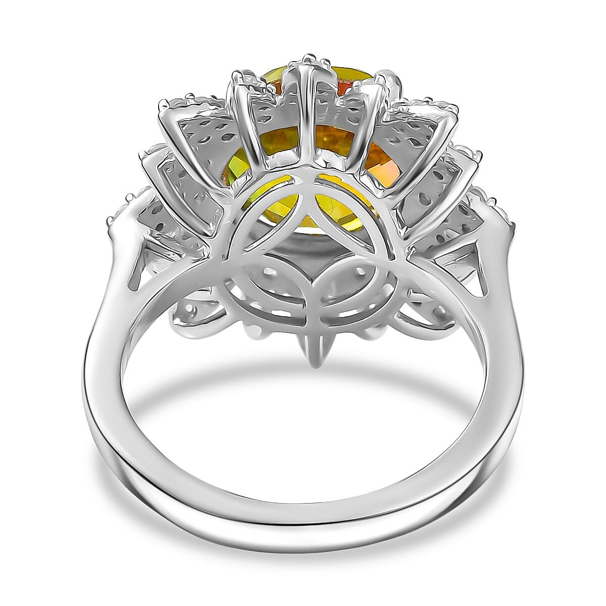 D'joy Rainbow Genesis Quartz & White Zircon Sunburst Bloom Ring in Rhodium Overlay Sterling Silver 4.88 Ct. D'joy Rainbow Genesis Quartz & White Zircon Sunburst Bloom Ring in Rhodium Overlay Sterling Silver 4.88 Ct.