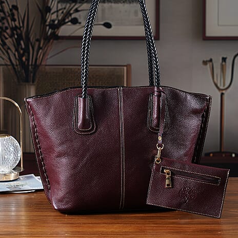 Genuine Leather Tote Bag (31.5cm) with Matching Detachable Coin Purse - Burgundy