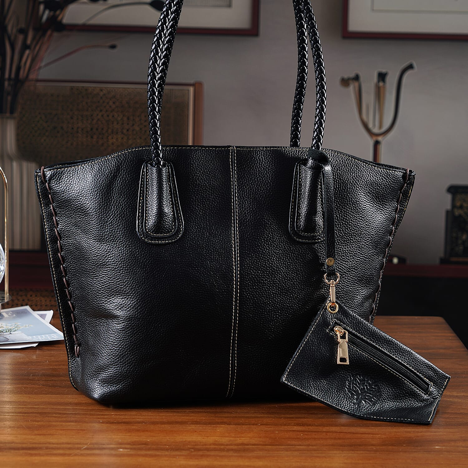 Genuine Leather Tote Bag (31.5cm) with Matching Detachable Coin Purse - Black