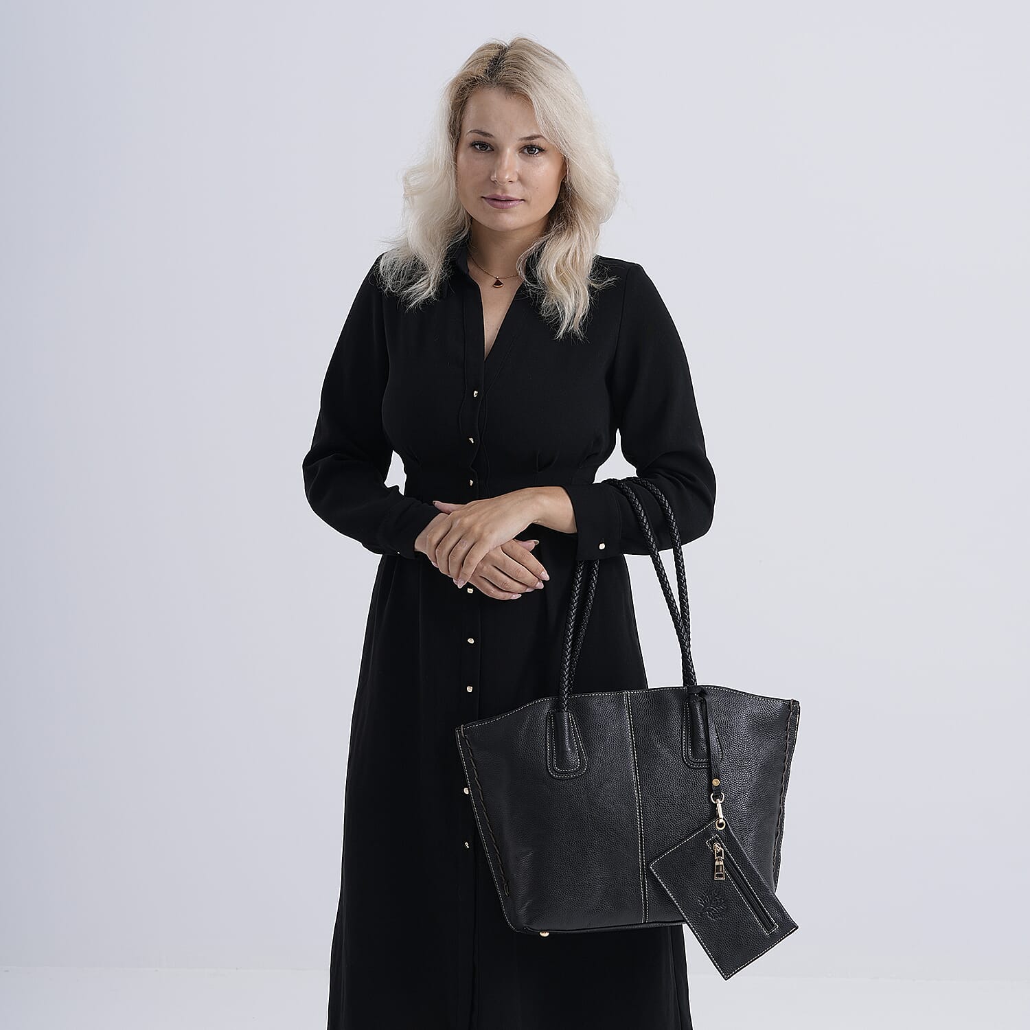 Genuine Leather Tote Bag (31.5cm) with Matching Detachable Coin Purse - Black