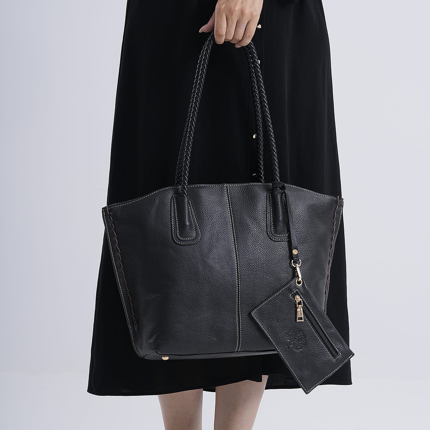 Genuine Leather Tote Bag (31.5cm) with Matching Detachable Coin Purse - Black