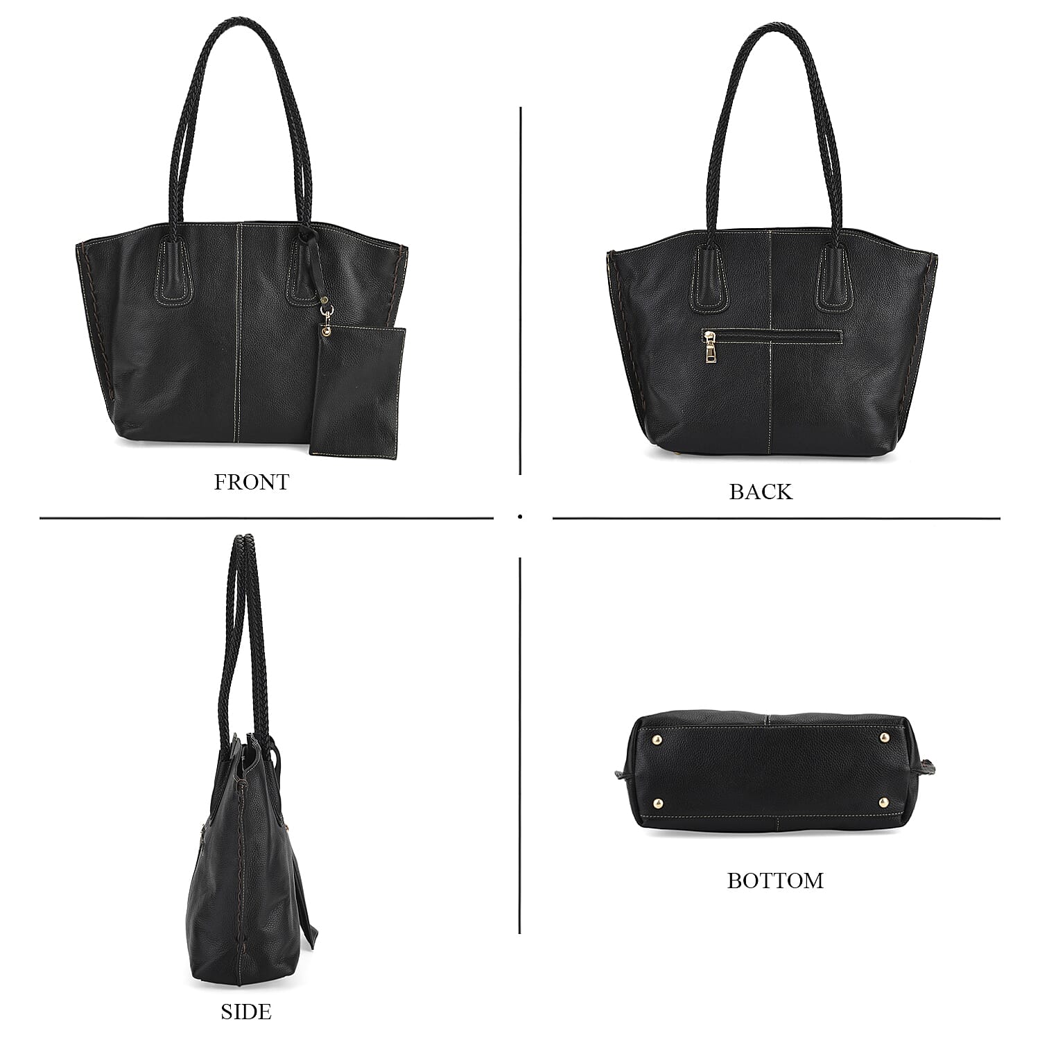 Genuine Leather Tote Bag (31.5cm) with Matching Detachable Coin Purse - Black