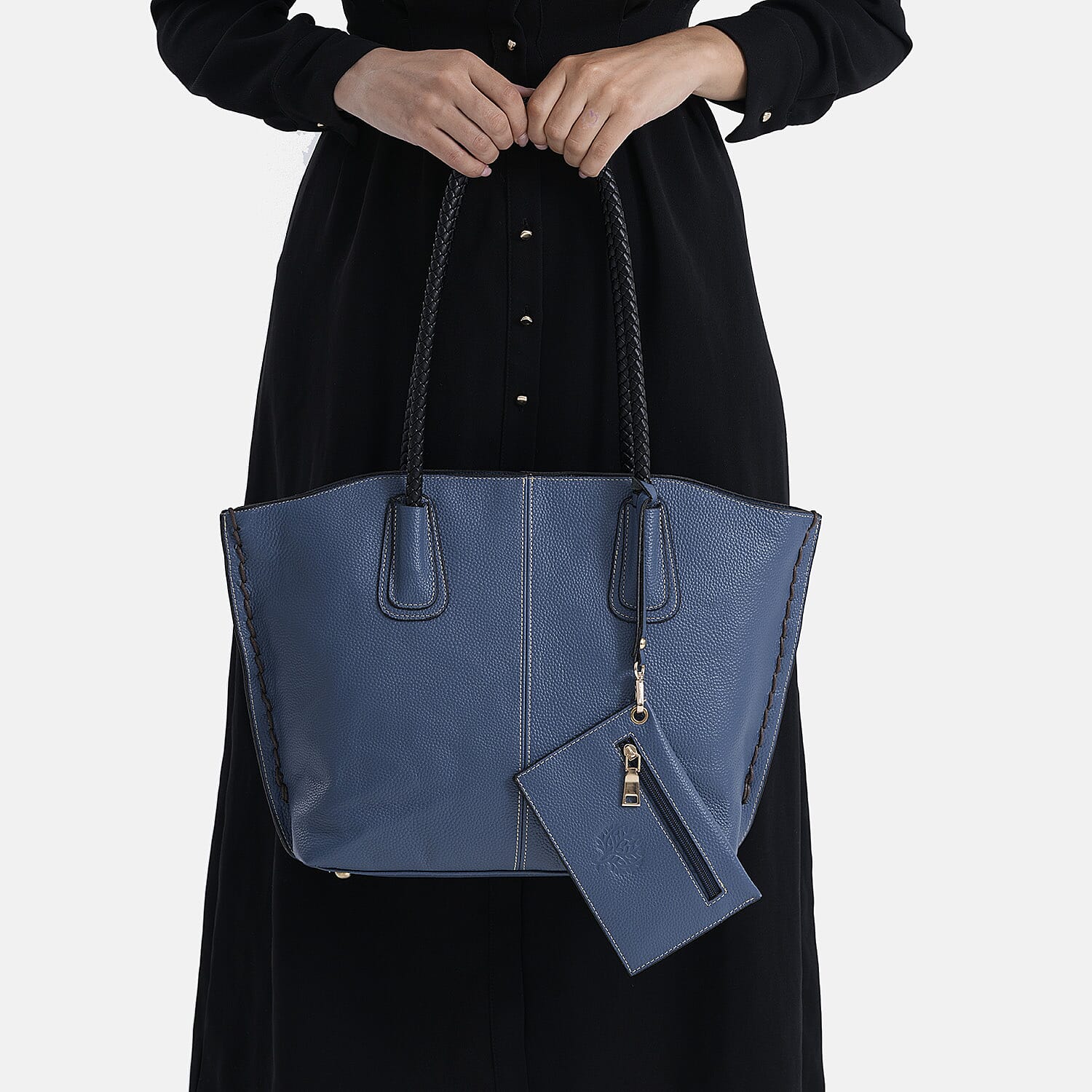 Genuine Leather Tote Bag (31.5cm) with Matching Detachable Coin Purse - Blue