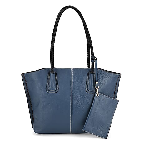 Genuine Leather Tote Bag (31.5cm) with Matching Detachable Coin Purse - Blue