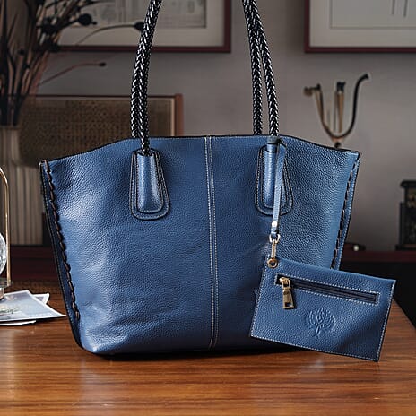 Genuine Leather Tote Bag (31.5cm) with Matching Detachable Coin Purse - Blue