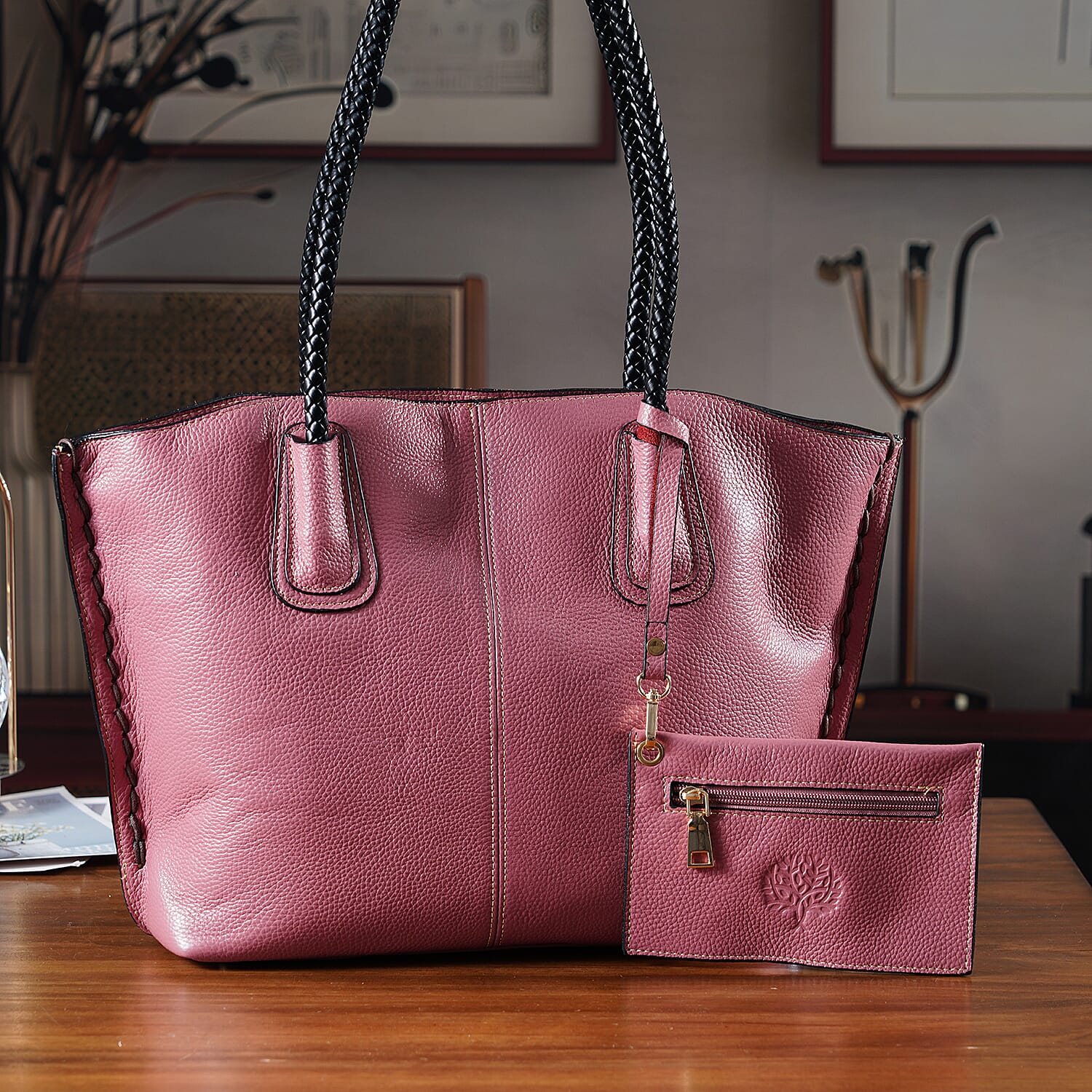 Genuine Leather Tote Bag (31.5cm) with Matching Detachable Coin Purse - Pink