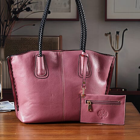 Genuine Leather Tote Bag (31.5cm) with Matching Detachable Coin Purse - Pink